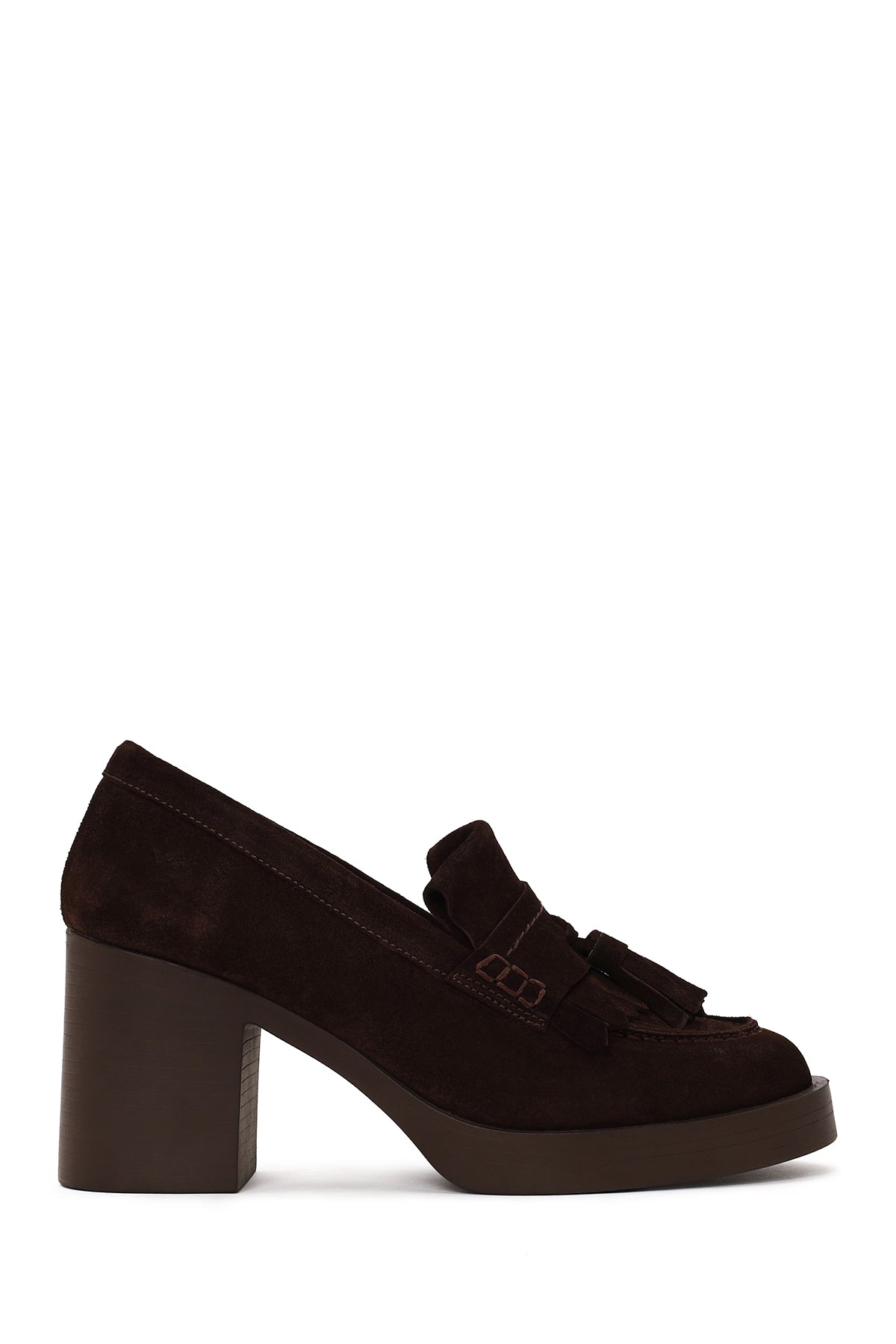 Woman Brown Chunky-Heeled Tasselled Suede Loafer AF450012DS | Derimod