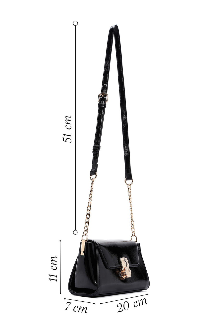 Woman Black Long-Strap Patent Leather Mini Crossbody Bag