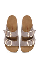 Women's Beige Buckle Suede Leather Slippers | Derimod