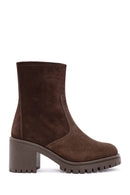 Women's Brown Zippered Thick Heel Suede Leather Boots | Derimod