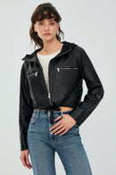 Stella Women's Black Oversize Hooded Short Leather Jacket | Derimod