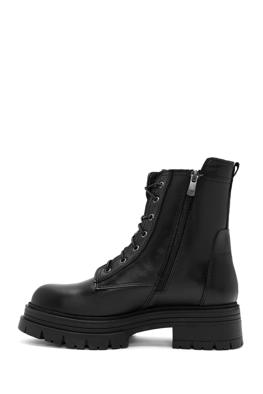 Women's Black Double Zipper Lace-Up Leather Combat Boots