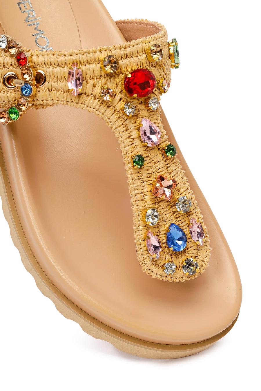 Woman Beige Embellished Straw Flip-Flops