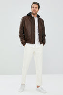 Garry Men's Cognac Hooded Leather Coat | Derimod