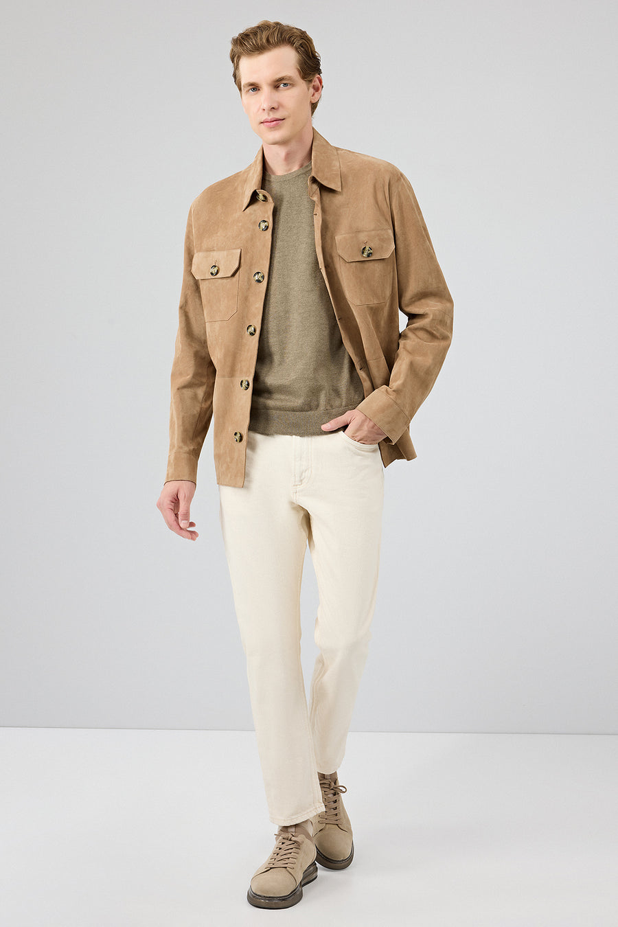 Osimhen Men's Beige Shirt Collar Suede Leather Jacket