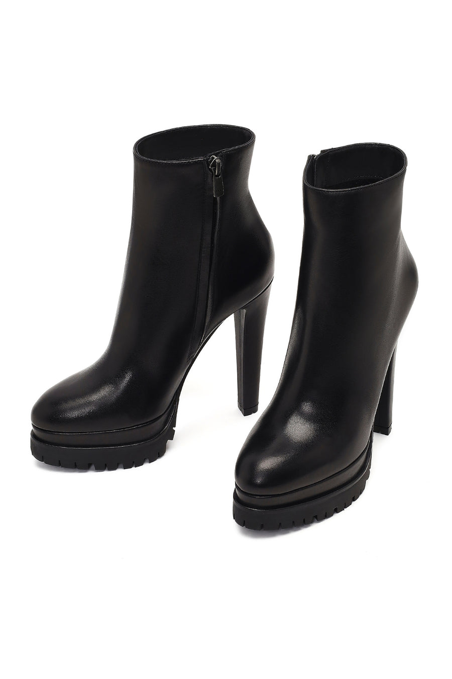 Woman Black Zip Closure Platform High Thick-Heeled Leather Boots