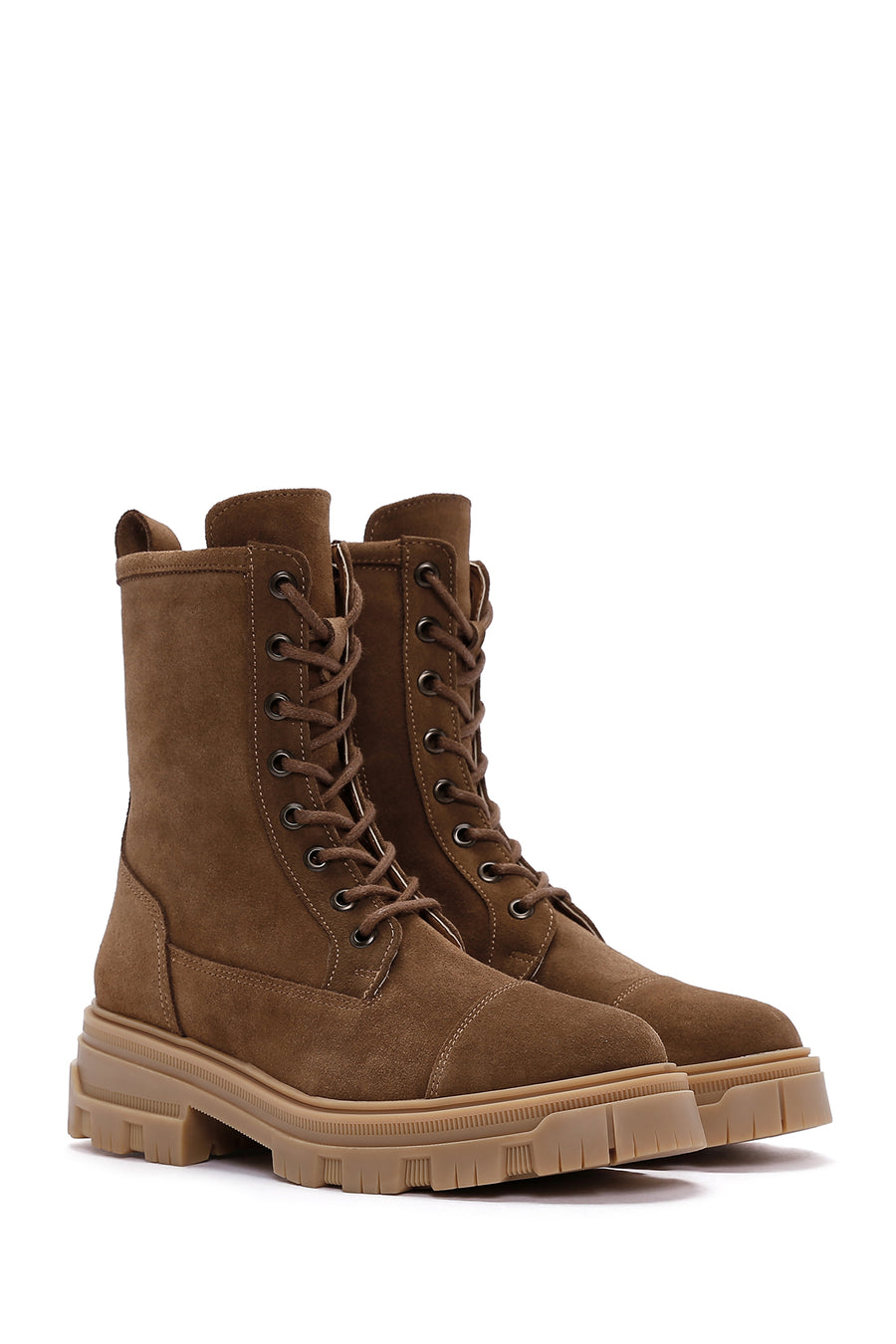 Women's Tan Thick Soled Zippered Suede Leather Boots