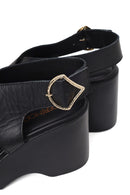 Woman Black Back Buckle Wedge Heel Leather Sandals | Derimod