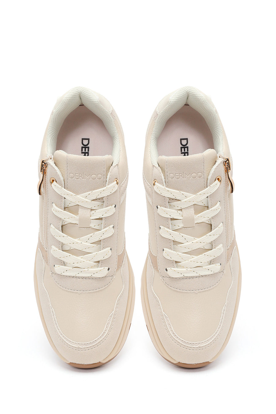 Kadın Bej Yandan Fermuarlı Bağcıklı Kalın Tabanlı Sneaker