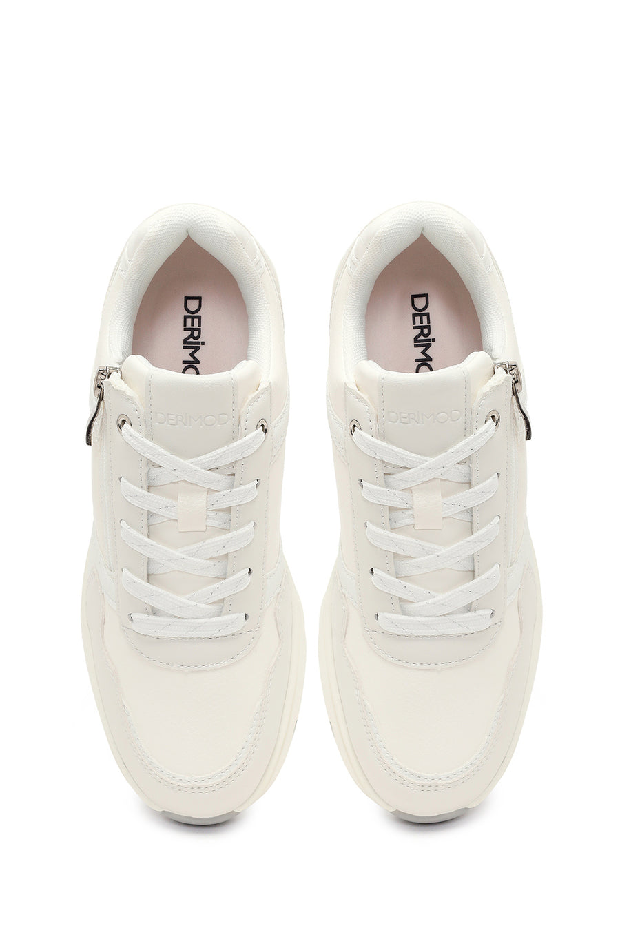 Woman White Side-Zip Lace-Up Thick-Sole Sneakers
