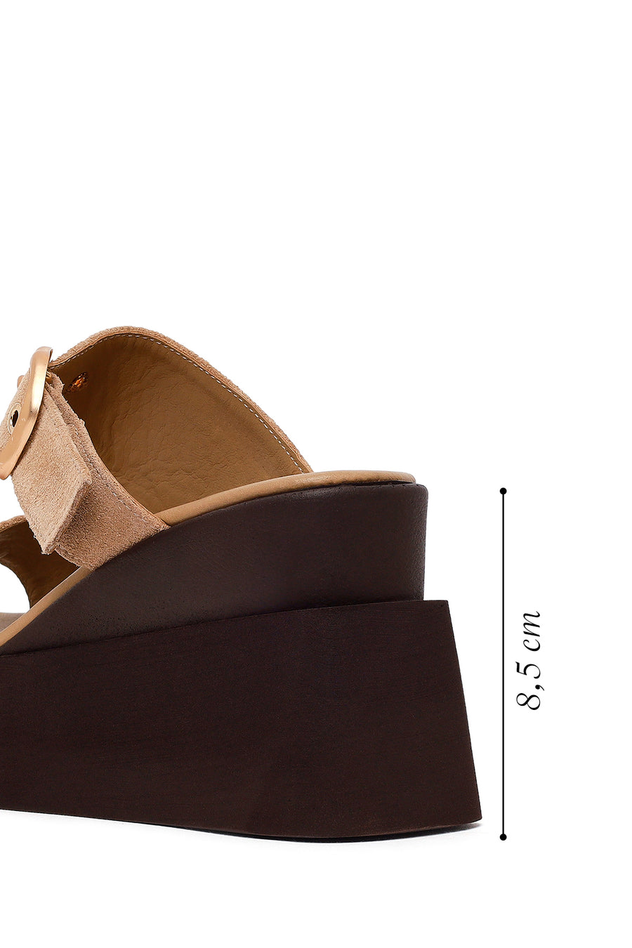 Woman Beige Buckled Wedge Heel Suede Slipper