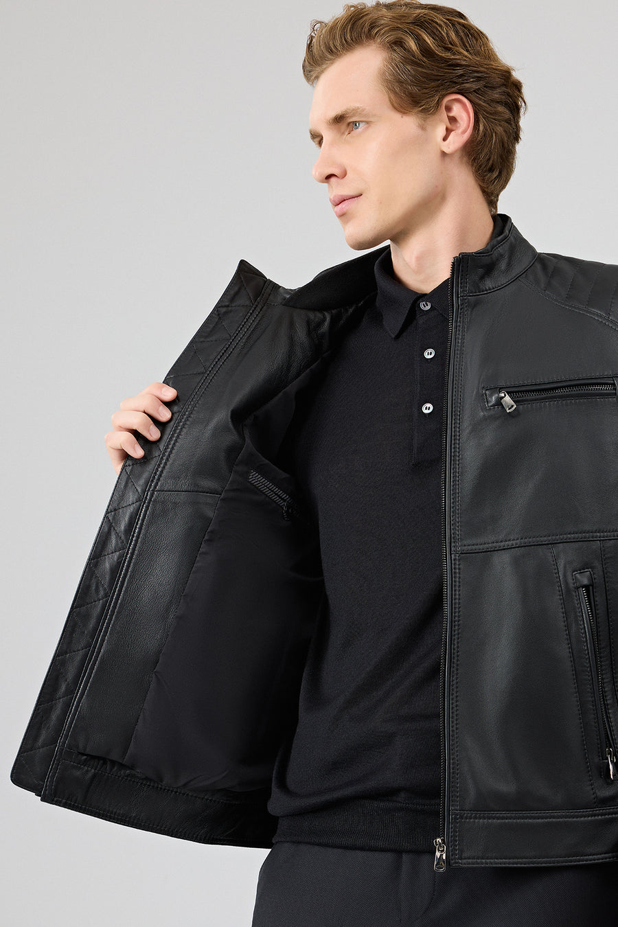 Tony Men's Black Mandarin Collar Short Leather Jacket