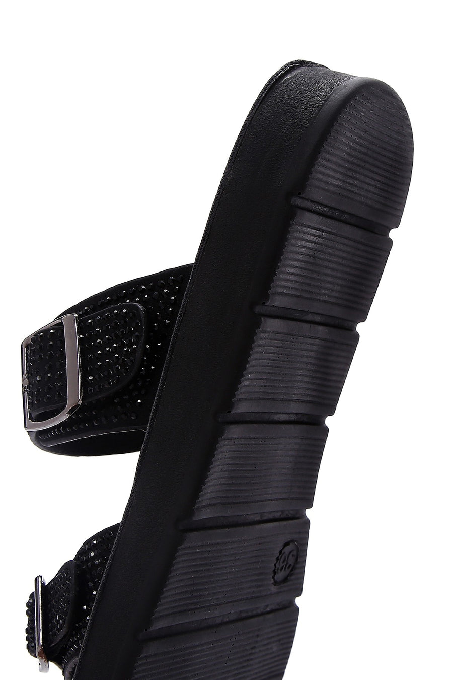 Women's Black Double Buckled Stoned Slippers