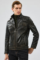 Wade Men's Green Slim-Fit Leather Coat | Derimod