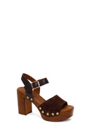 Woman Brown Ankle Buckle Platform High Chunky Heeled Suede Sandal | Derimod