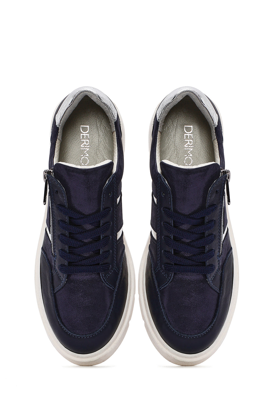 Women's Navy Blue Lace-Up Thick-Soled Leather Casual Shoes