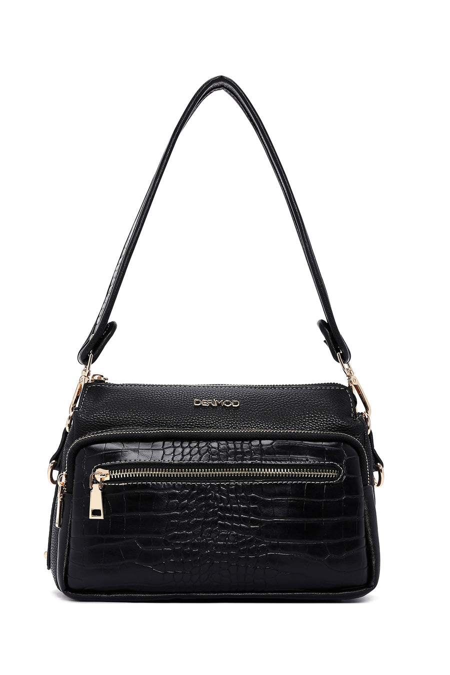 Women's Black Long Strap Patterned Crossbody Bag