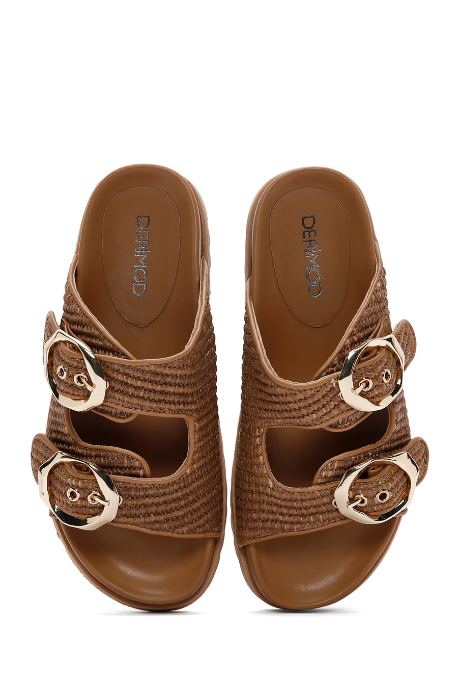 Women's Tan Double Buckle Straw Slippers
