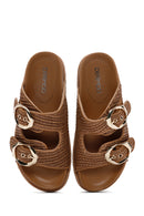 Women's Tan Double Buckle Straw Slippers | Derimod