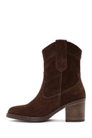 Women's Brown Chunky Heel Suede Leather Cowboy Boots | Derimod