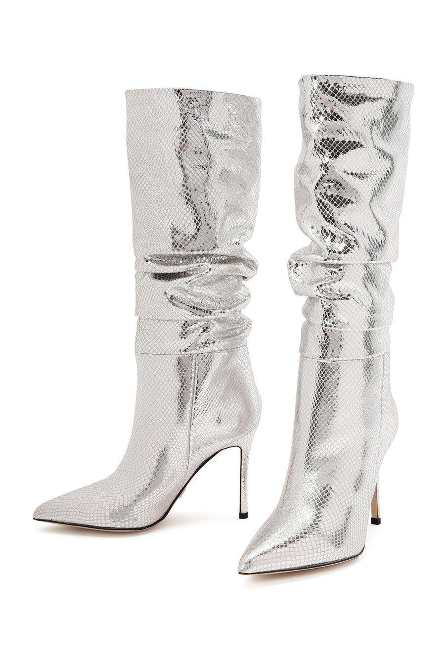 Women's Grey Thin Heel Metallic Leather Boots