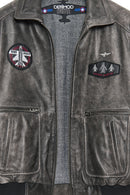 Hurricane Men's Grey Fur Collar Pilot Leather Jacket with Emblem | Derimod