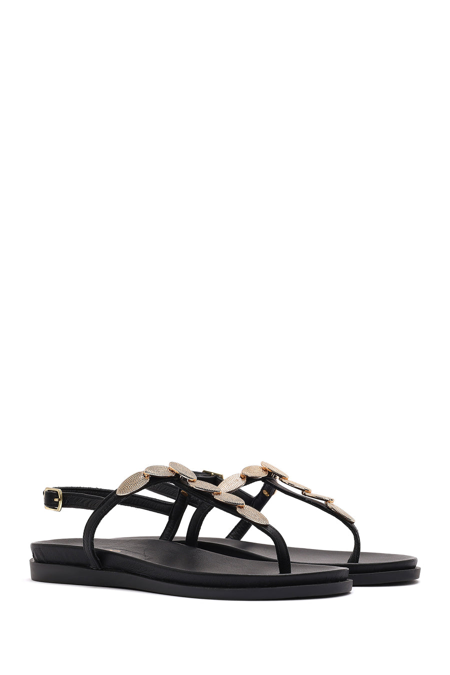Women's Black Buckle Thong Leather Sandals