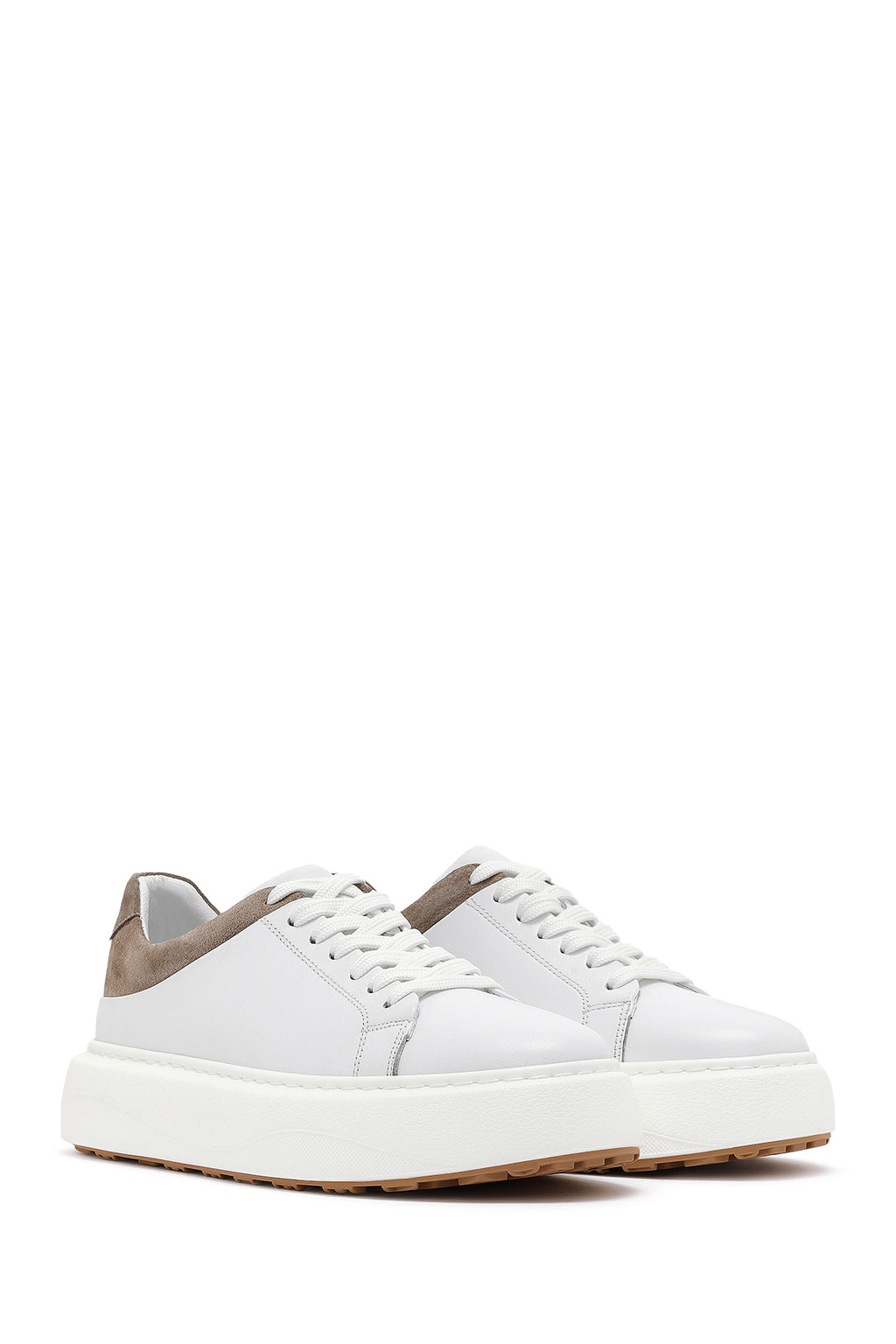 Erkek Beyaz Bağcıklı Kalın Tabanlı Deri Sneaker