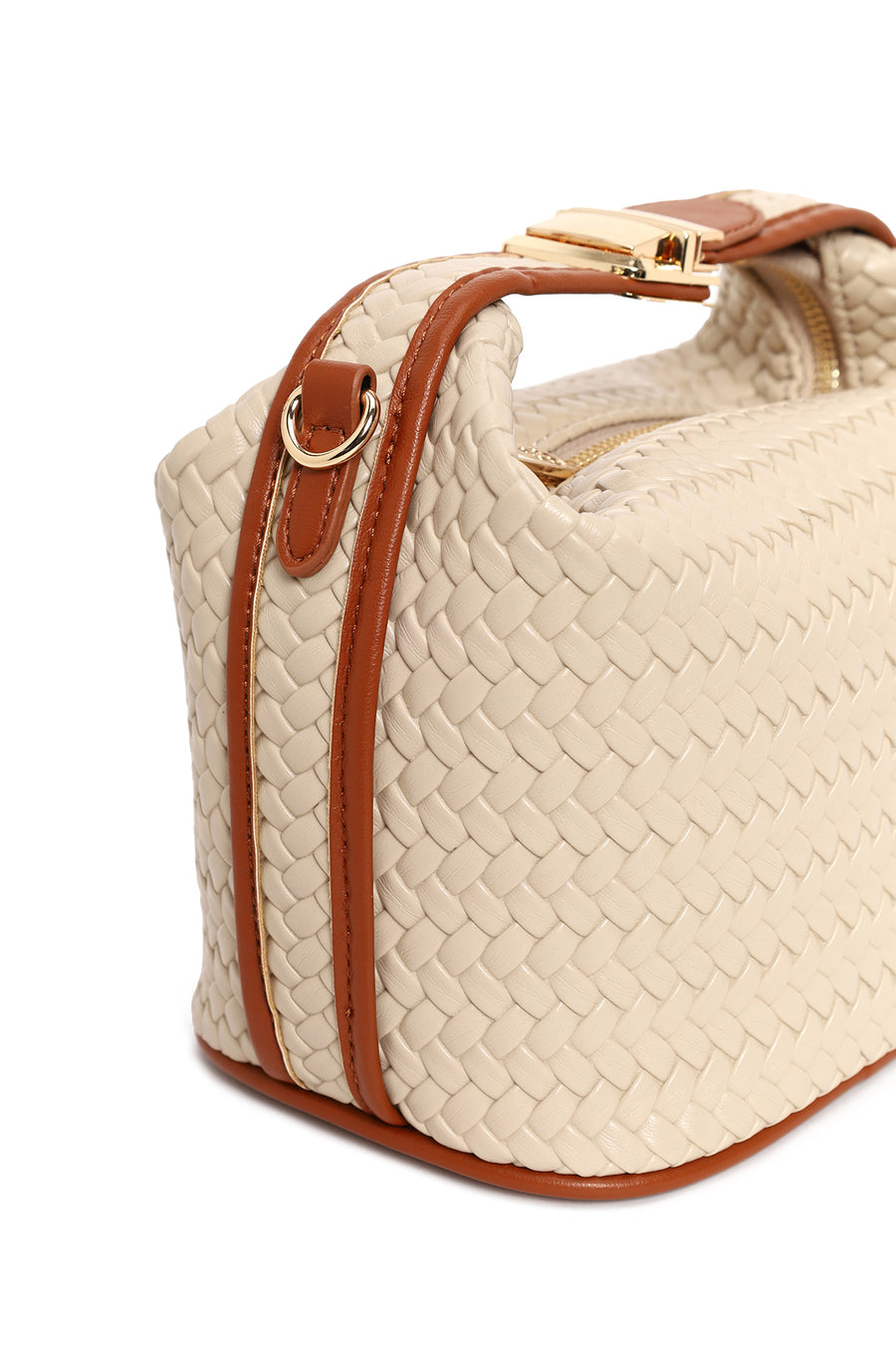 Woman Beige Long-Strap Knitted Shoulder Bag