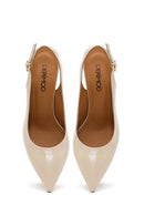 Women's Cream-Colored, Open-Back, Thin-Heeled Patent Leather Shoes with Ankle Buckle | Derimod