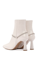 Women's Beige Leather Zippered Chain Heeled Classic Boots | Derimod