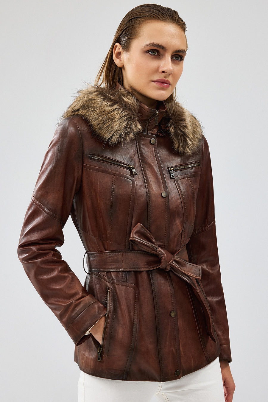 Rebecca Women's Brown Hooded Furry Leather Jacket 24WGE5209NC | Derimod