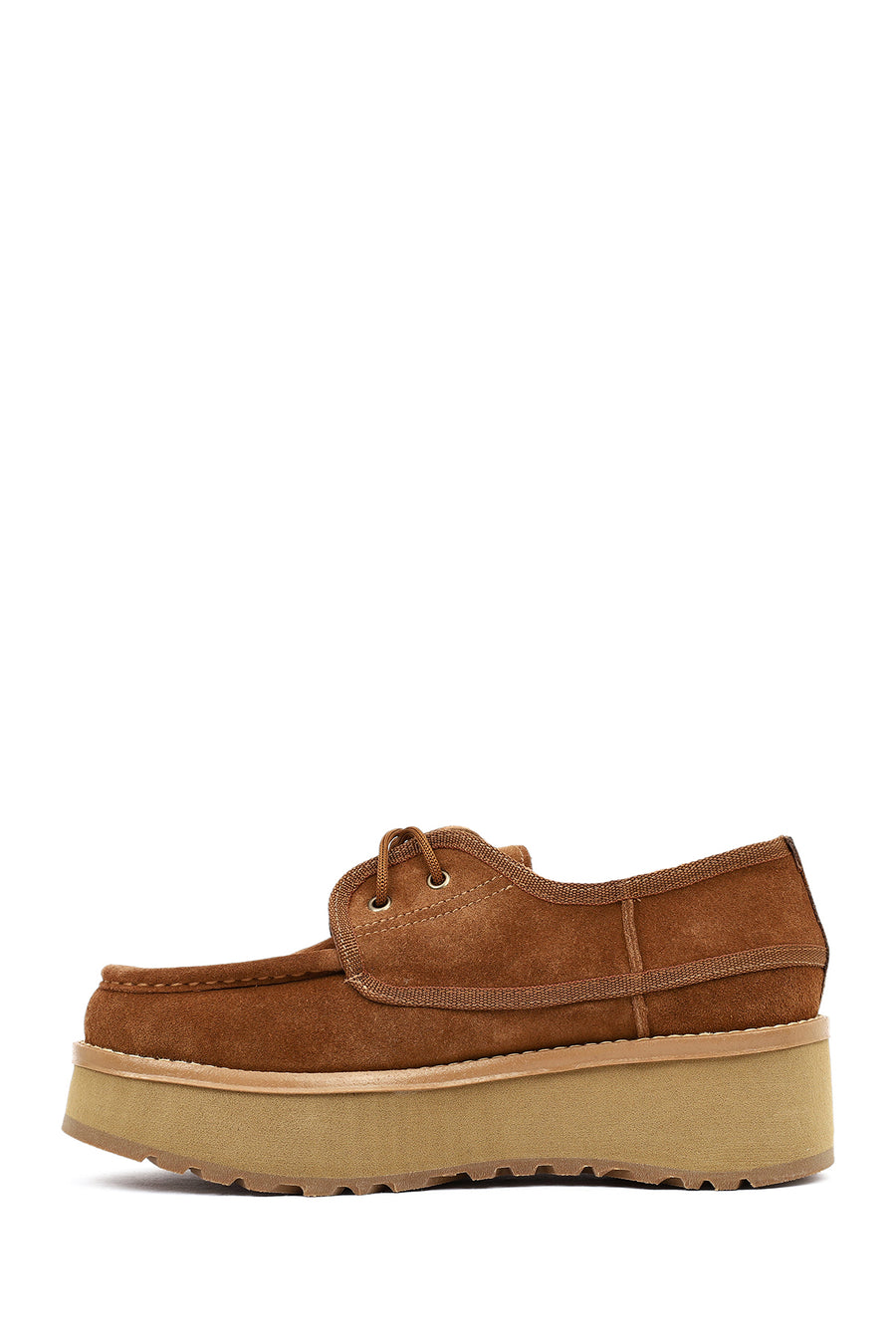 Women's Beige Thick-Soled Lace-Up Suede Leather Teddy Casual Shoe