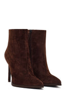 Woman Brown Zip Closure High Thin Heeled Suede Boots | Derimod