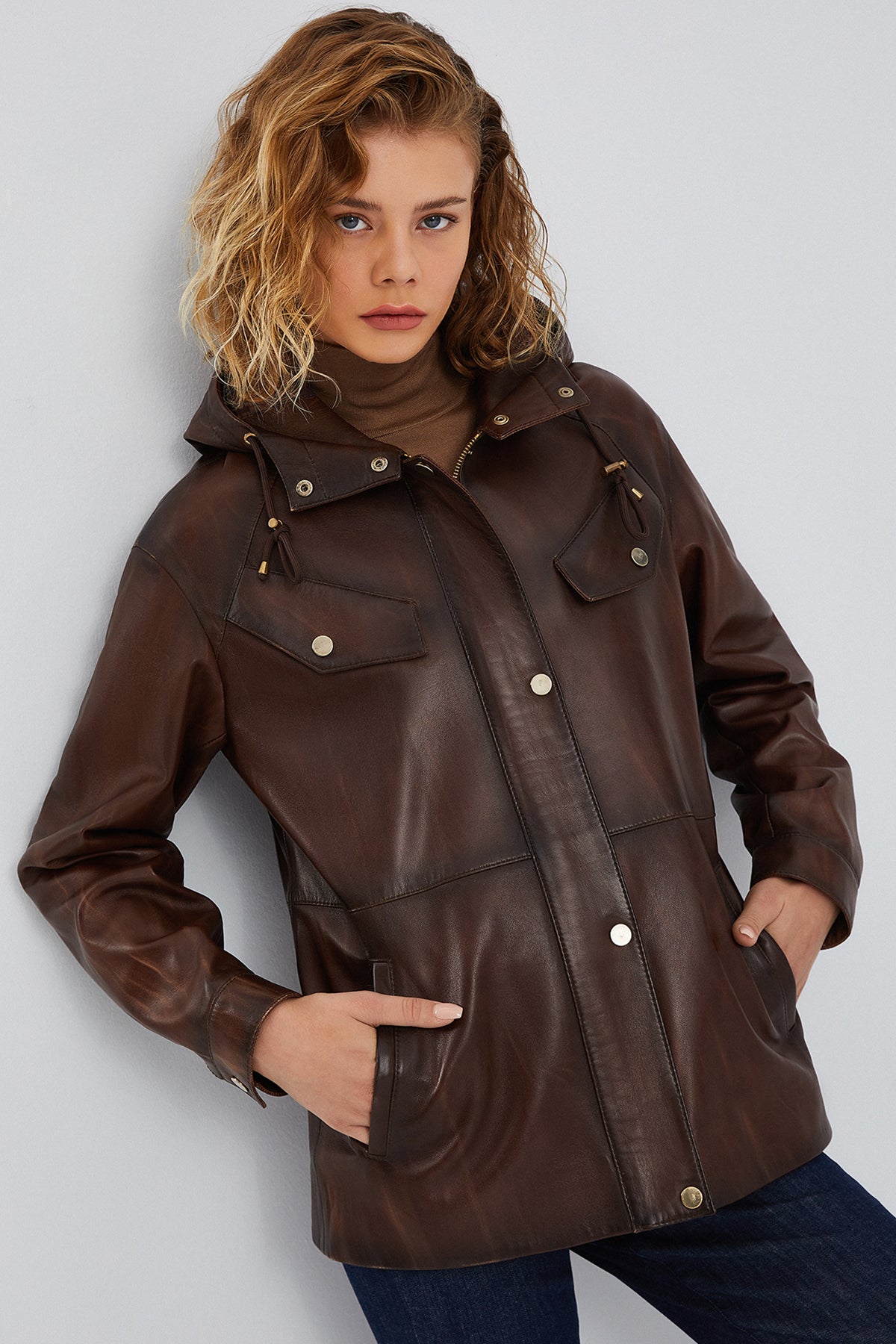 Greta Kadın Kahverengi Kapüşonlu Deri Ceket