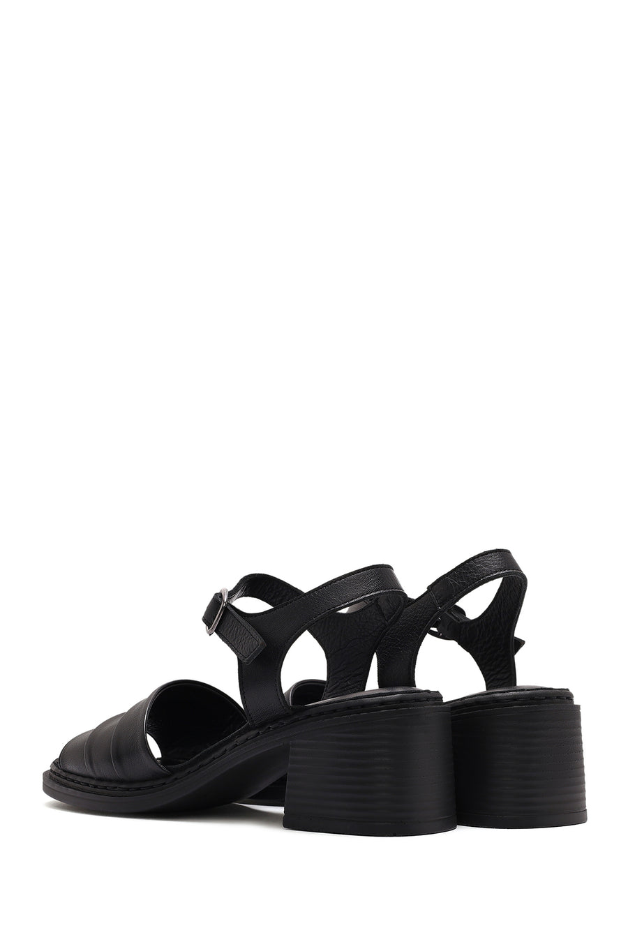 Women's Black Ankle Strap Thick Heel Leather Sandals
