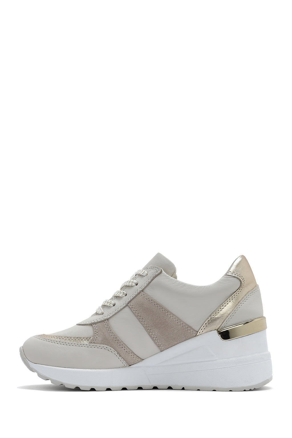 Kadın Bej Dolgu Topuklu Yandan Fermuarlı Deri Sneaker