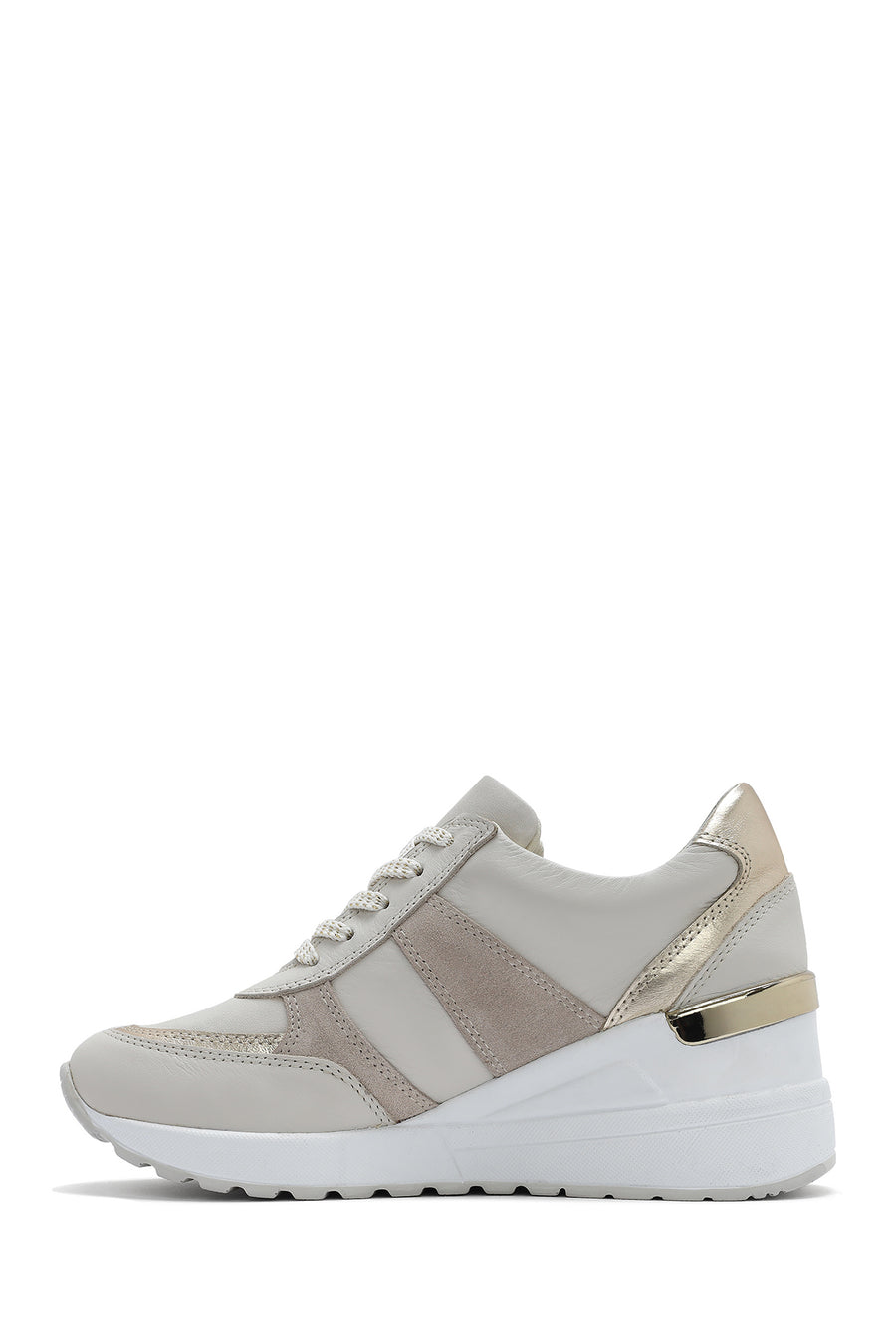 Women's Beige Wedge Heel Side Zip Leather Sneakers