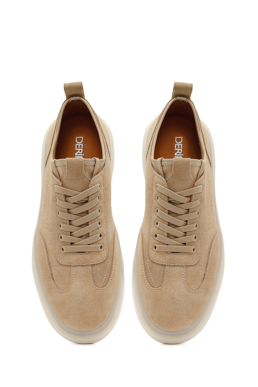 Men's Beige Lace-Up Thick-Sole Suede Leather Sneakers