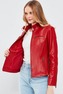 Maria Women's Red Short Leather Jacket | Derimod