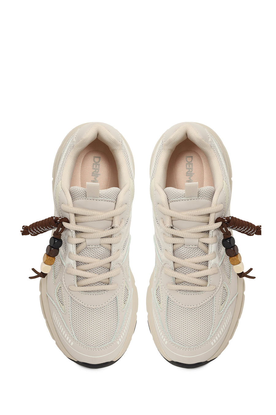 Woman Beige Lace-Up Chunky Sole Charm Sneakers