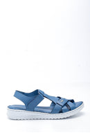 Women's Blue Leather Casual Flat Sandals | Derimod