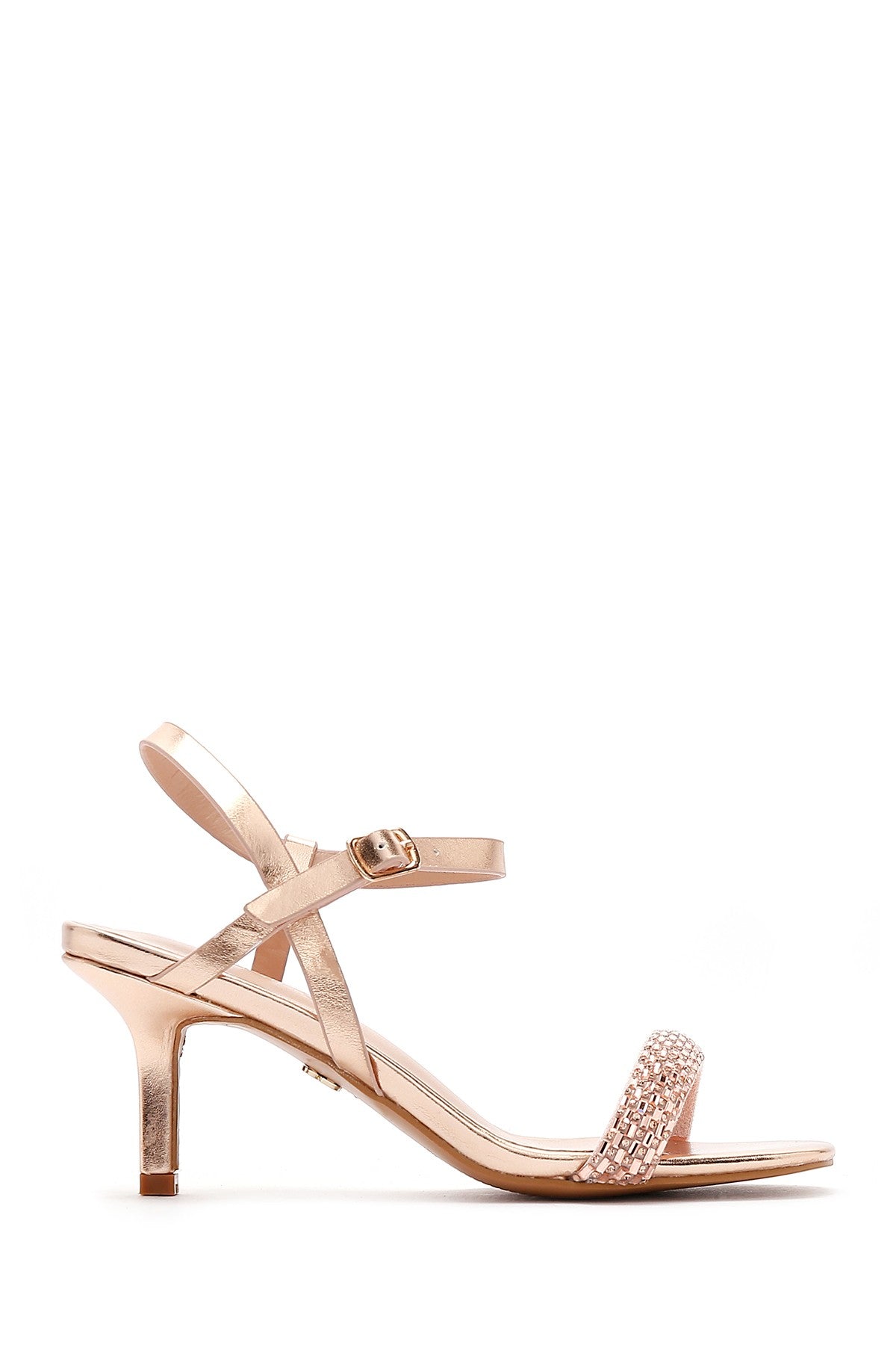 Kadın Pembe Altın Taşlı Topuklu Sandalet