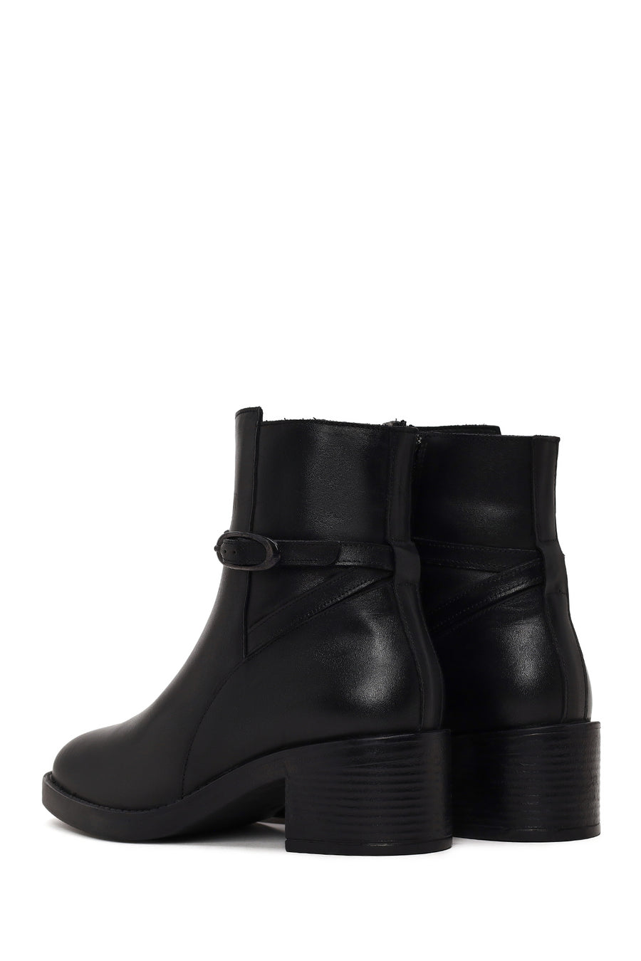 Woman Black Zip Closure Thick-Heeled Leather Boots