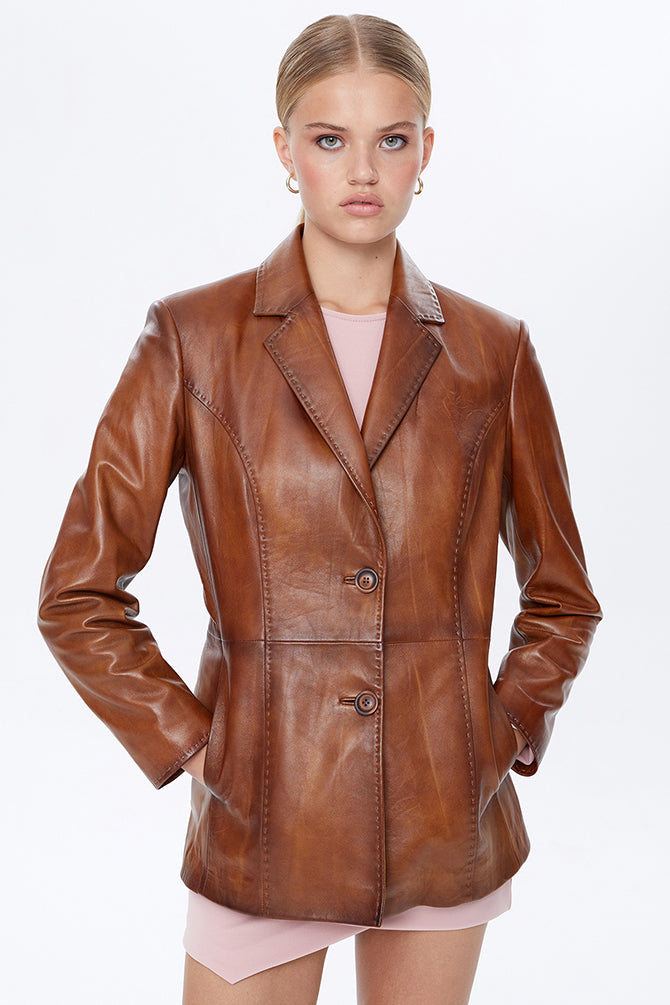 Barbara Women's Camel Long Leather Jacket 22SGE5962NC | Derimod