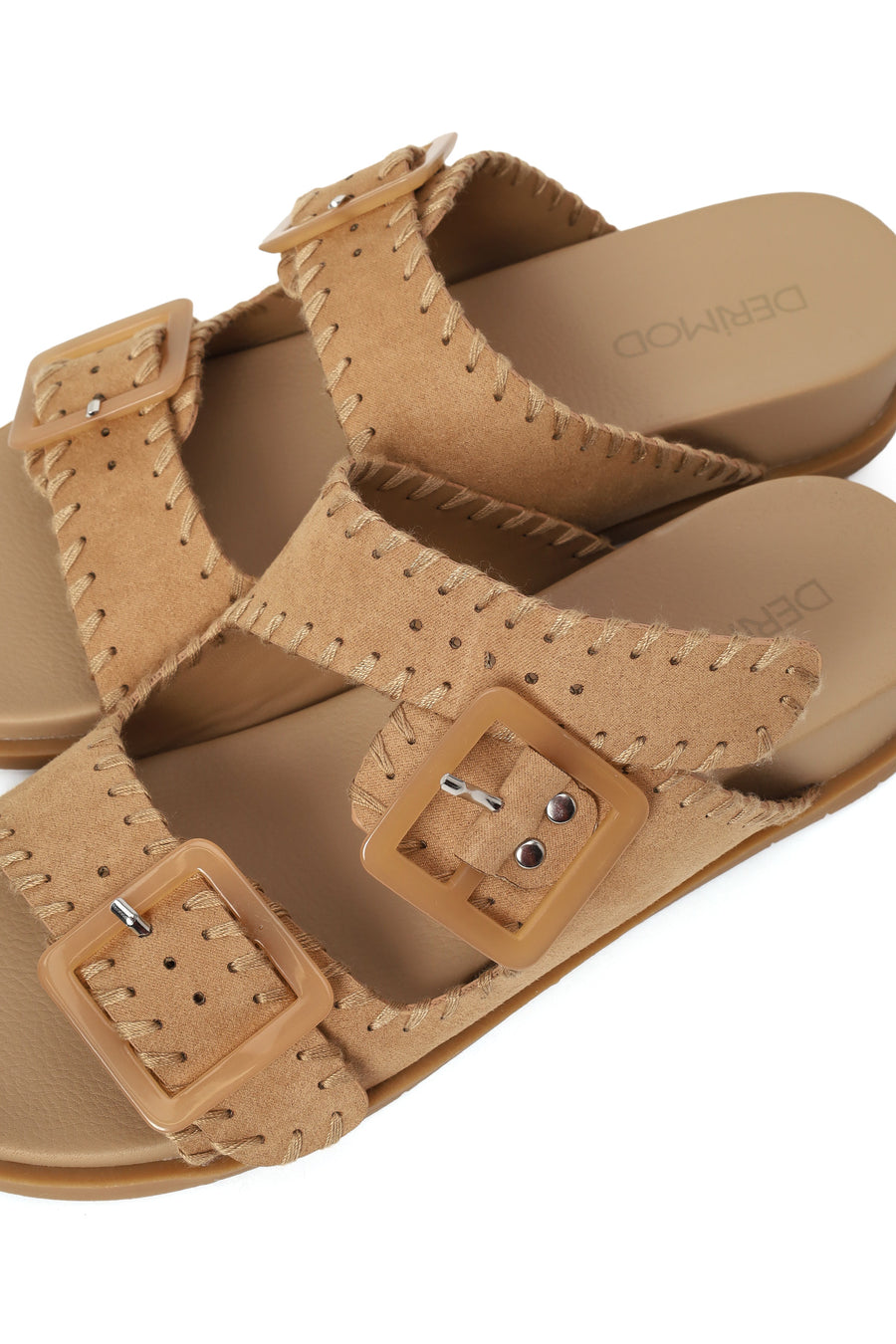 Woman Beige Double-Buckle Suede Slipper