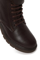 Woman Brown Zip Closure Thick-Heeled Leather Combat Boots | Derimod