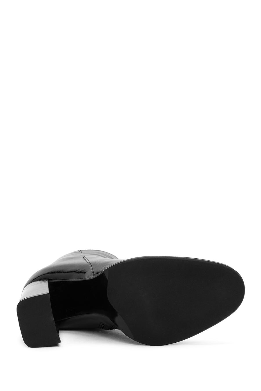 Woman Black Zippered High Thick Heel Patent Leather Leather Boat