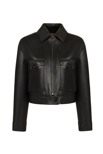 Raquel Woman Black Shirt Collar Short Leather Jacket 26WGE57061M | Derimod