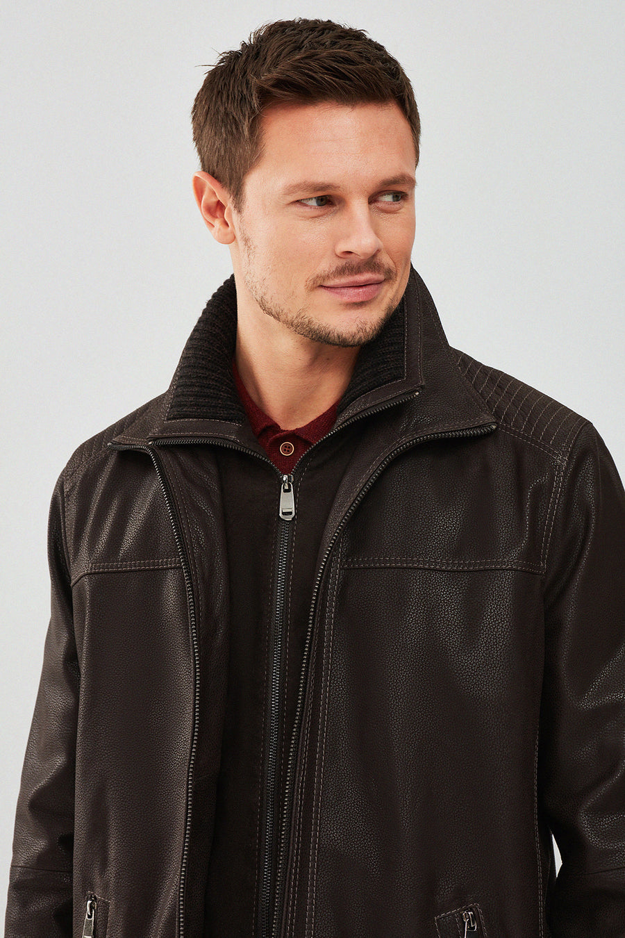 Roberto Men's Brown Double Collar Leather Jacket